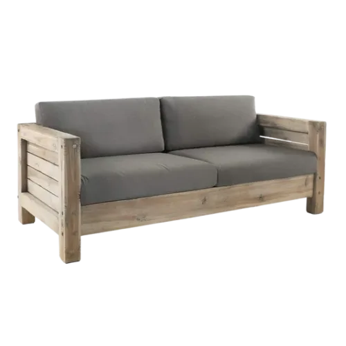 distressed teak loveseat with grey fabric cushions